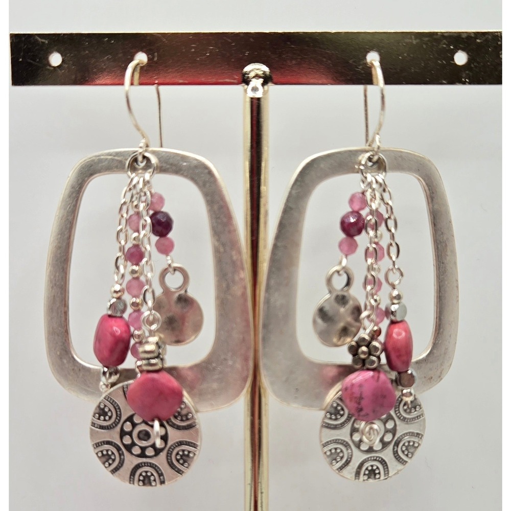 Handmade Boho Pink Jade Bali Silver Pewter Geometric Drop Chandelier Earrings